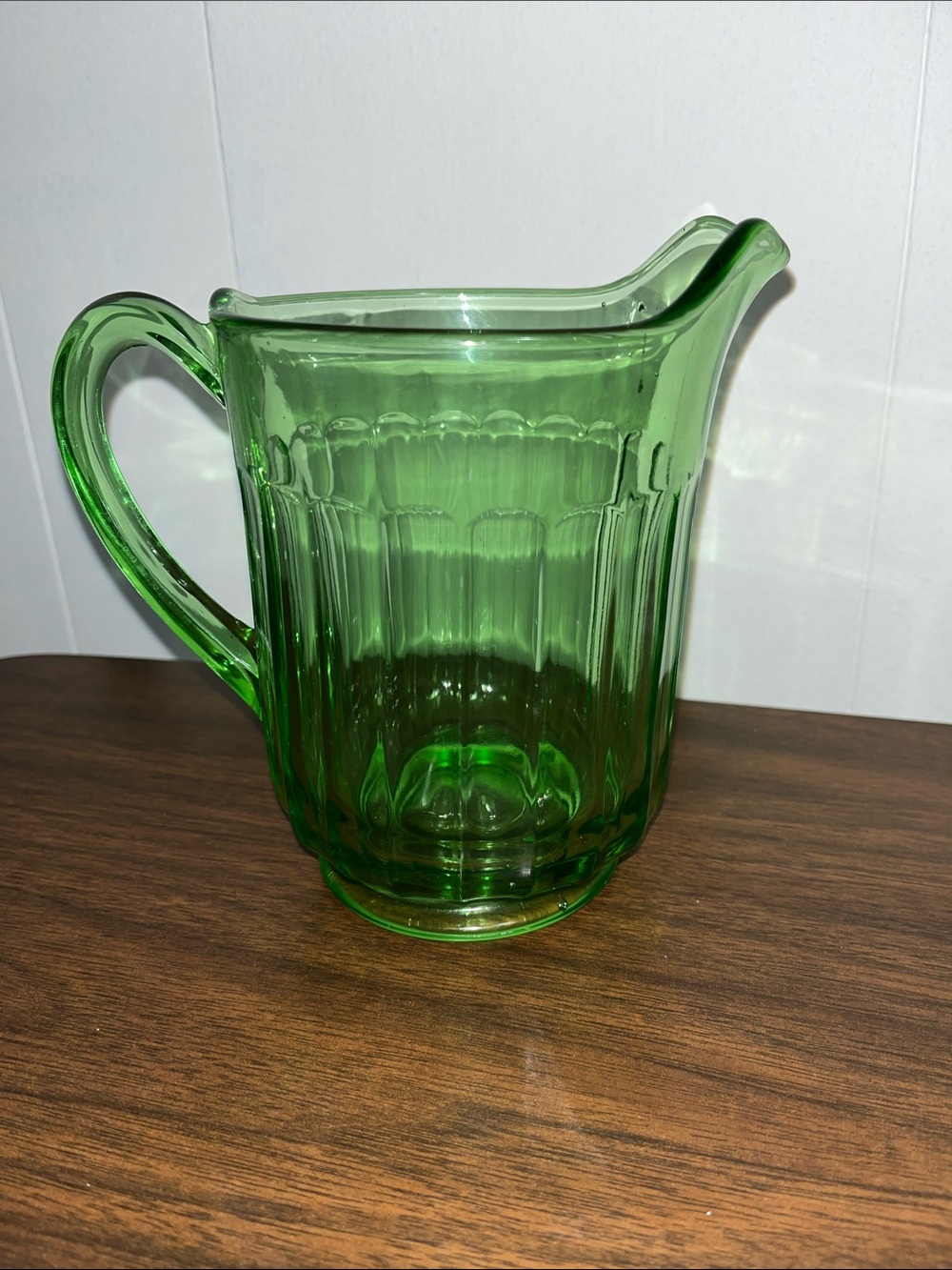 Vintage Green Uranium Glow Glass Pitcher Ribbed 5 1/2” marked H